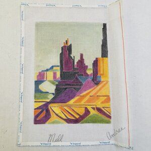 Hand Painted Needlework Canvas Signed Mell Andrea Abstract Landscape Design